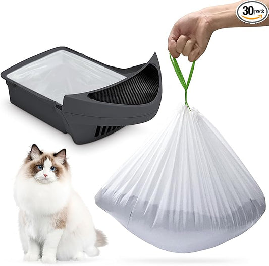 Cat Litter Box Robot 3 and 4 Waste Bags, 30 Pack Cat Pull String Automatic Self Cleaning Litter Box Liner Bags, Extra Thick Heavy Duty Cat Litter Box Liner Replacement Litter Bags