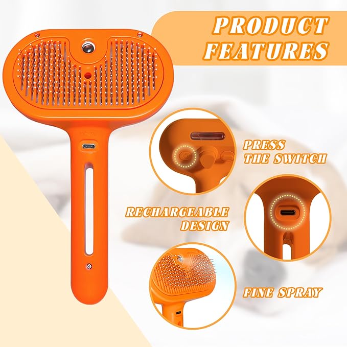 Self-Cleaning Spray Cat Brush for Shedding, Removes Static Flying Hair, and Works Wonders for Both Long and Short-Haired Pets 2 In 1 Cleaning Brush for Cats And Dogs Grooming (Orange)