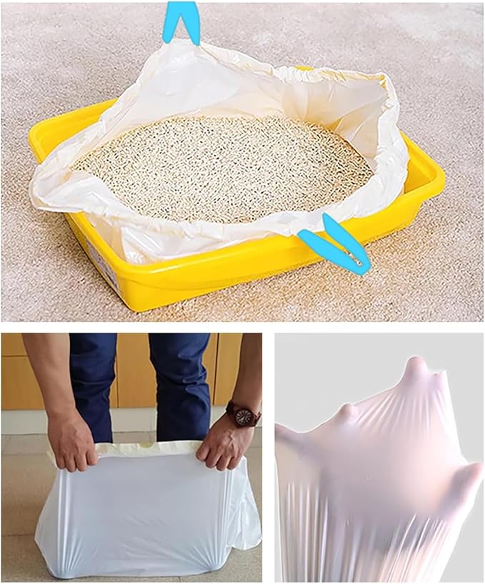 20 Count Cat Drawstring Litter Box Liners 26.6x16.7 inches 2Mils Super Thick White Cat Litter Waste Bags Poop Bags for Self-Cleaning Litter Box Cat Litter Pan Trays (Blue Drawstring 20 count)