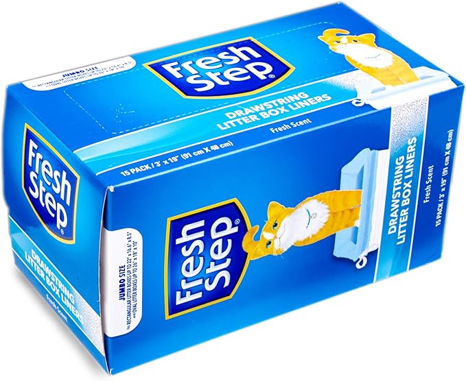 Fresh Step Drawstring Cat Litter Box Liners, Fresh Scent, Size Jumbo, 36" x 19" | Kitty Litter Bags - 15 Count - Cat Litter Liners for Rectangle or Oval Large Litterboxes
