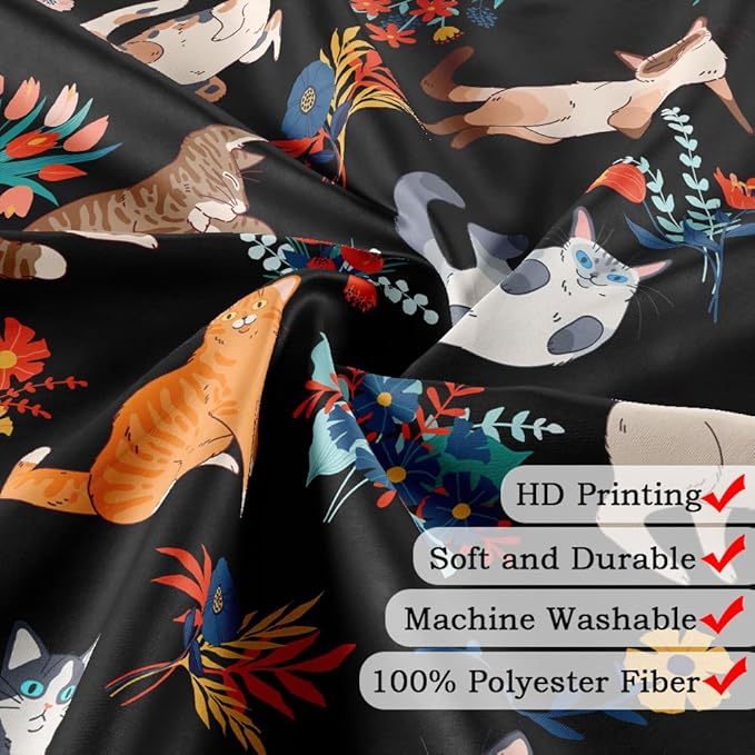 Cute Cat Shower Curtain With Flowers, Black for Bathroom Decor, Funny Set With Hooks, Kids 72X72in