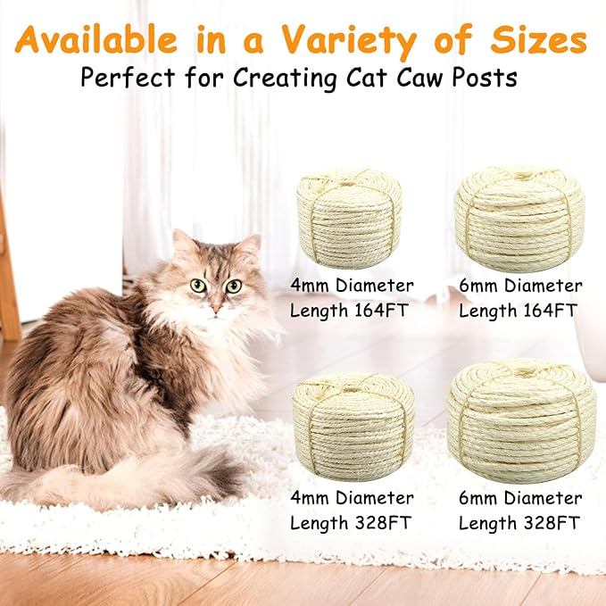 Sisal Rope for Cat Scratcher 1/4" Diameter 164 FT Cat Natural Sisal Rope for Repairing Cat Scratching Post Cat Tower Repair Rope Cat Tree Rope Replace Recovering and DIY