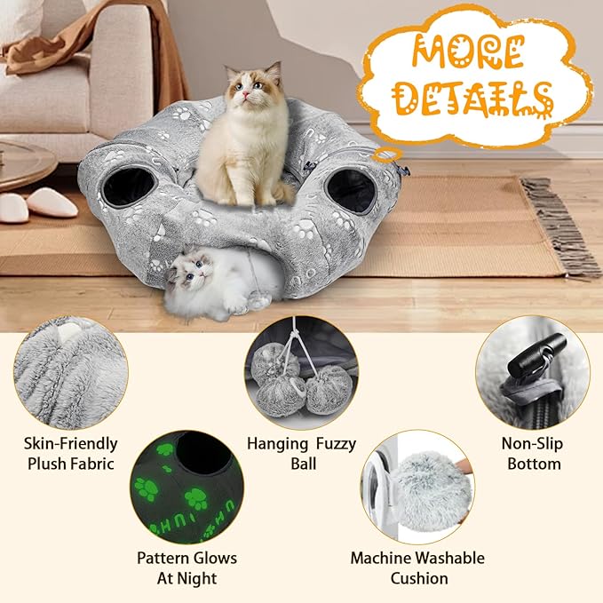 Lahas Cat Tunnels Bed for Indoor Cats - Donut Tubes Adjustable Shape, Washable Circle Cushion, Pet Play Balls and Holes, Self-Luminous Cat Toys