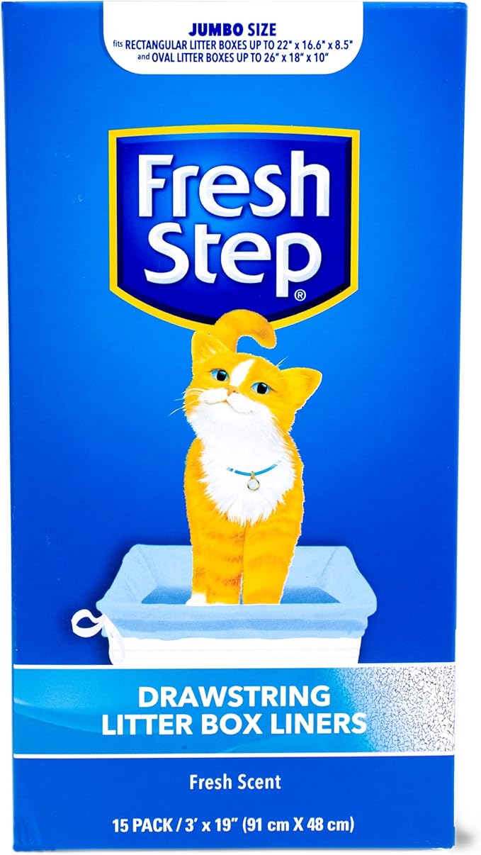 Fresh Step Drawstring Cat Litter Box Liners, Fresh Scent, Size Jumbo, 36" x 19" | Kitty Litter Bags - 15 Count - Cat Litter Liners for Rectangle or Oval Large Litterboxes