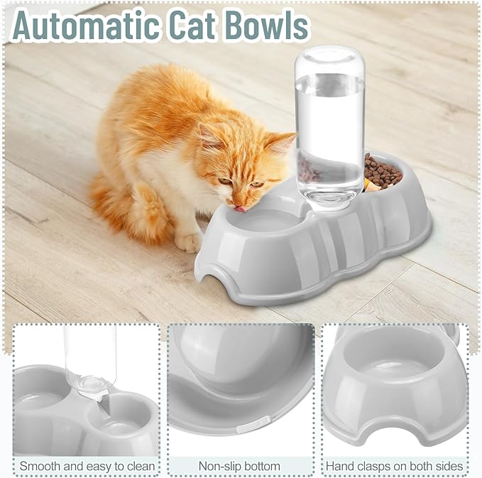 Tioncy 7 Pcs Small Cat Kitten Starter Kit Cat Litter Box with Shovel Cat Paw Litter Mat Double Automatic Cat Bowls Cat Toy Teaser Stick Cat Collar Essentials Kits for 1-3 Lbs Beginner (Gray)