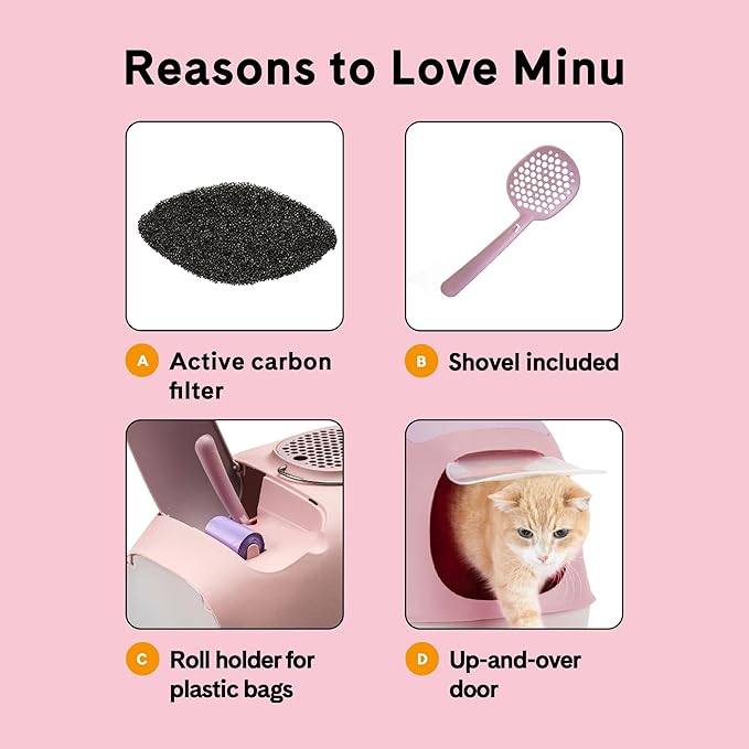 United Pets Minu Hooded Cat Litter Box | Includes Scoop and Filter | Top Entry Litter Box with Paw Pad and Refillable Plastic Bags | Crafted in Italy | 40 x 40 x h50 CM - Pink/Grey