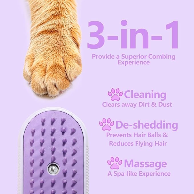 3-in-1 Cat Steam Brush for Shedding, Rechargeable Cat Brush with Gentle Mist, Pet Hair Steam Brush for Cats and Dogs, Spritz Defur Comb for Cats (Purple)