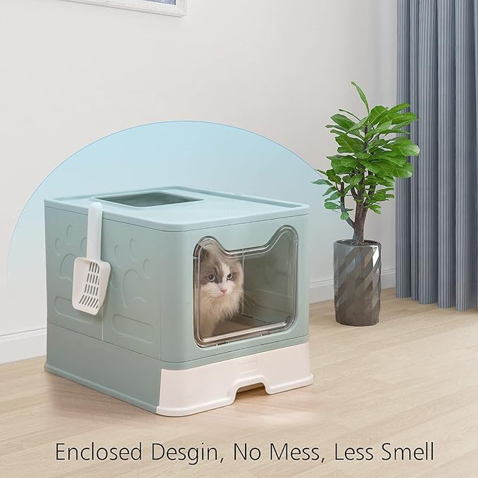 ROCCS Foldable Cat Litter Box with Lid,No Smell Large Top Entry Litter Box with Cat Litter Scoop,Covered Drawer Type Kitty Potty,Including Fur Brush & Cleaning Glove,Blue 20" x 16" x 15"