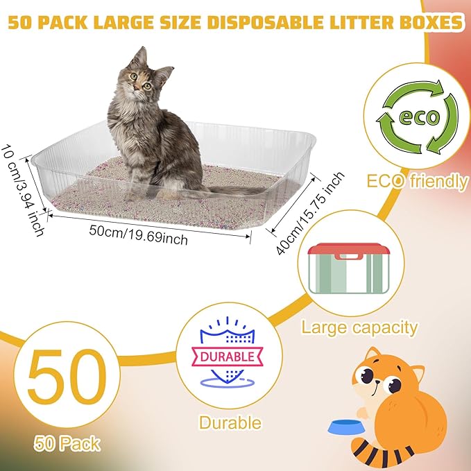 Zubebe 50 Pack Disposable Cat Litter Box for Cats, Large Disposable Kitty Litter Tray Box 19.69 x 15.75 x 3.94 inches Plastic Litter Box Pan Standard for Indoor Home Travel Portable(Clear)