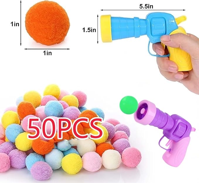 Cat Ball Launcher Toy, 50PCS 1.2Inch Cat Pompom Ball and 2 Cat Ball Toy Launcher, Soft Interactive Cat Balls, Active Cat Exercise Toys for Indoor Cats-Multi-Colored