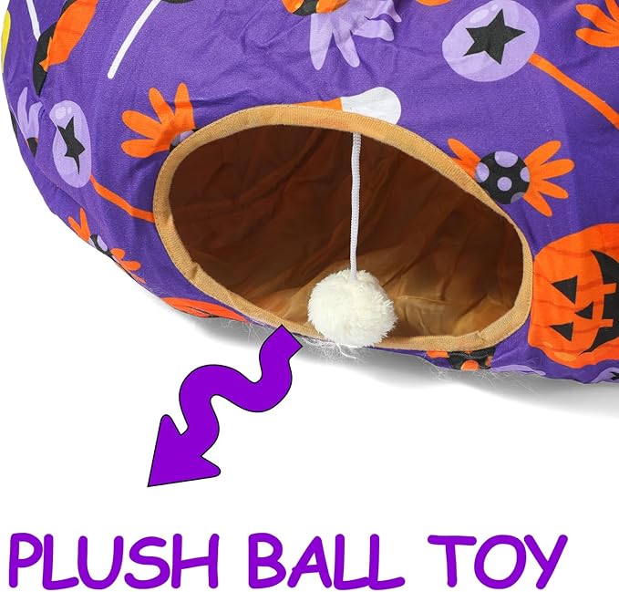 LUCKITTY Halloween Decorative Cat Tunnel Bed - 3FTx3FTx9.8IN - Purple Cat Toy Tunnel Bed Pumpkin and Candy Pattern- Perfect Cozy Hideaway for Small Animals