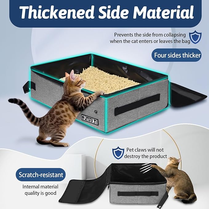 Petskd Portable Cat Travel Litter Box with Lid and 10 pcs Disposable Liner Bags, Leak-Proof and Collapsible, Cat Travel Essentials for Car Travel, Hotel, Airplane and Other Outdoor Use(Grey)