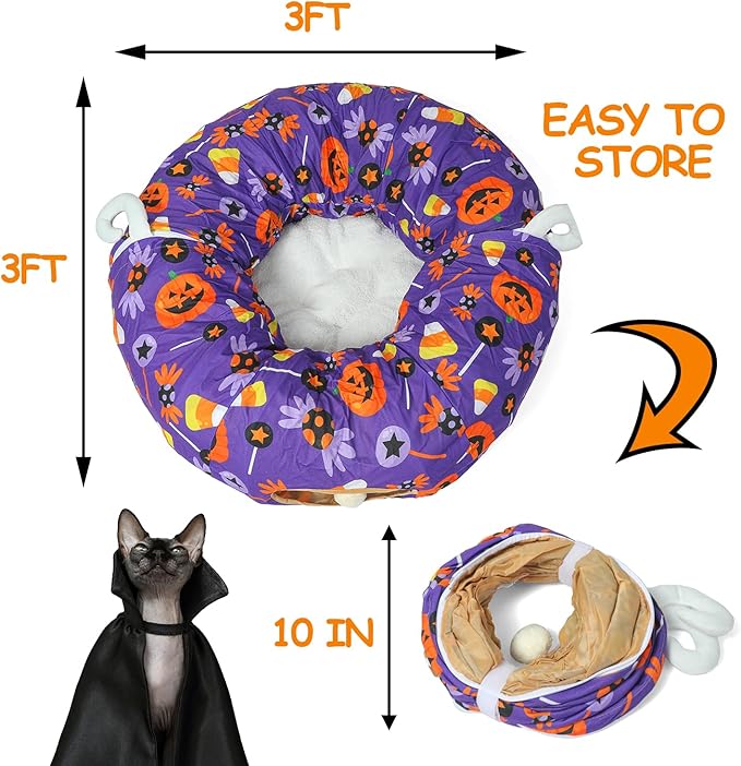 LUCKITTY Halloween Decorative Cat Tunnel Bed - 3FTx3FTx9.8IN - Purple Cat Toy Tunnel Bed Pumpkin and Candy Pattern- Perfect Cozy Hideaway for Small Animals