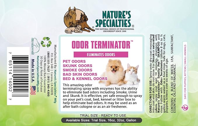 Nature's Specialties Odor Terminator Dog Spray for Pets, Natural Choice for Professional Groomers, Eliminates Bad Odors, Made in USA, 16 oz