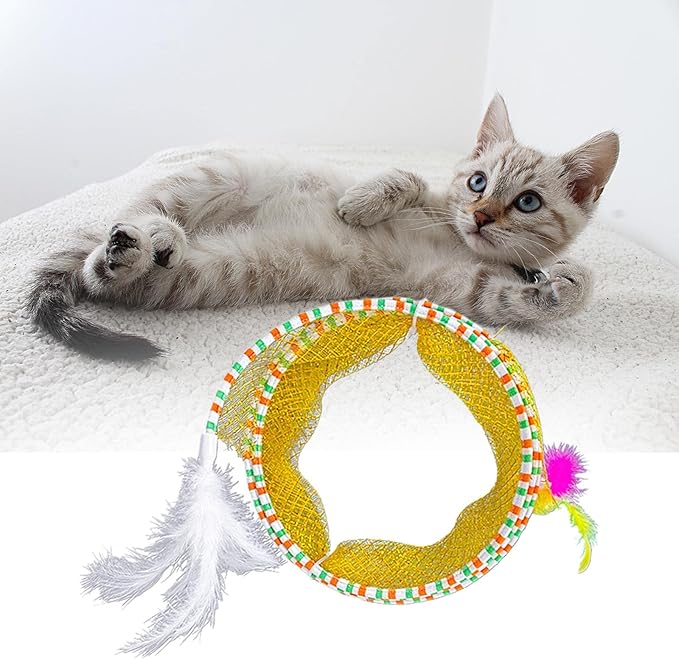 Cat Tunnel with Feather Portable Folding Elastic Mesh Spring Tunnels S Type Tunnel Cat Toy for Pet Supplies Accessories, Yellow