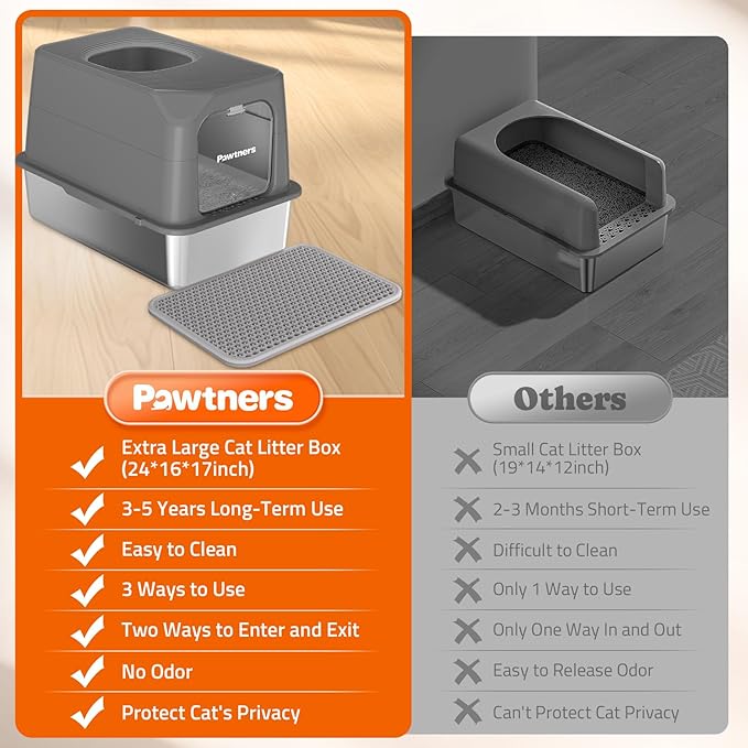 Pawtners Stainless Steel Cat Litter Box, XL Extra Large Enclosed Kitty Litter Pan, Front Entry Top Exit Hooded Metal Cat Toilet for Odor Control with Removable Lid & Scoop, Anti-Leakage, Easy to Clean