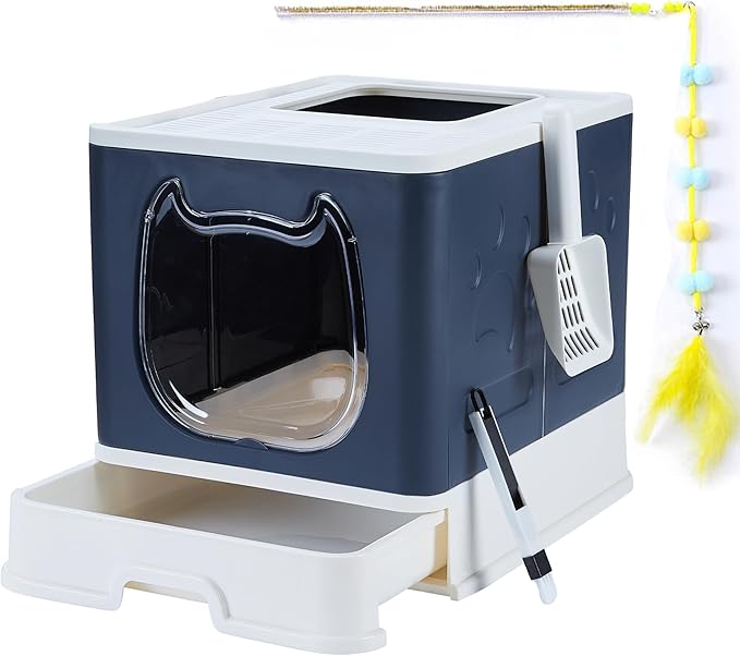 Vealind Covered Cat Litter Box with Sifting Lid, Kitty Litter Box Enclosure, Top Entry Enclosed Litter Box with Litter Scooper and Brush, Black & White Easy Clean Hooded Travel Litter Box for Cats