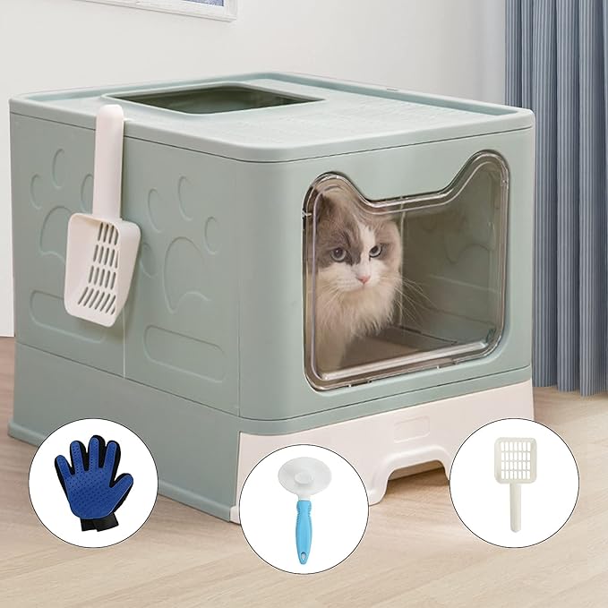 ROCCS Foldable Cat Litter Box with Lid,No Smell Large Top Entry Litter Box with Cat Litter Scoop,Covered Drawer Type Kitty Potty,Including Fur Brush & Cleaning Glove,Blue 20" x 16" x 15"