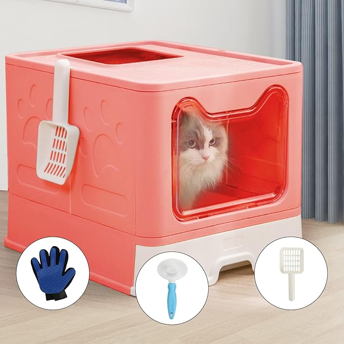 ROCCS Foldable Pink Cat Litter Box with Lid,No Smell Large Top Entry Litter Box with Cat Litter Scoop,Covered Drawer Type Kitty Potty,Including Fur Brush & Cleaning Glove, 20" x 16" x 15"