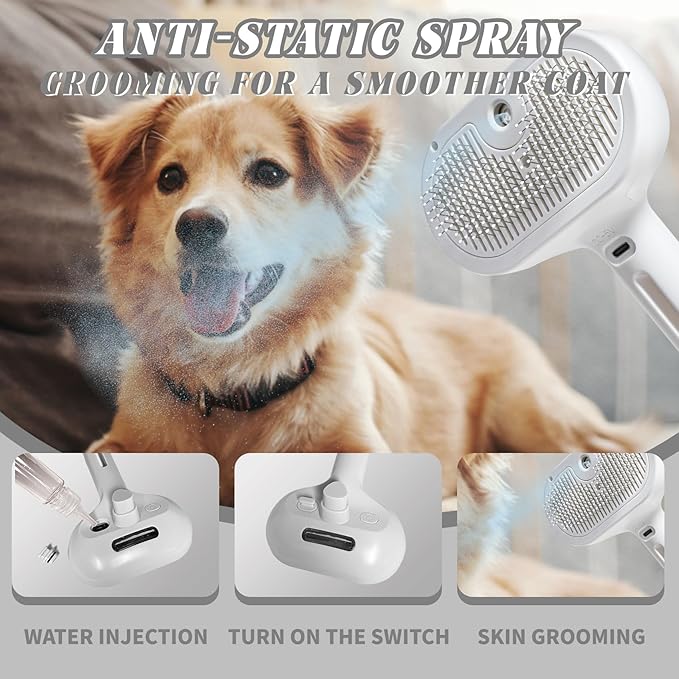 QOQ Self-Cleaning Spray Cat Brush for Shedding, Removes Static Flying Hair, and Works Wonders for Both Long and Short-Haired Pets 2 In 1 Cleaning Brush for Cats And Dogs Grooming (white)