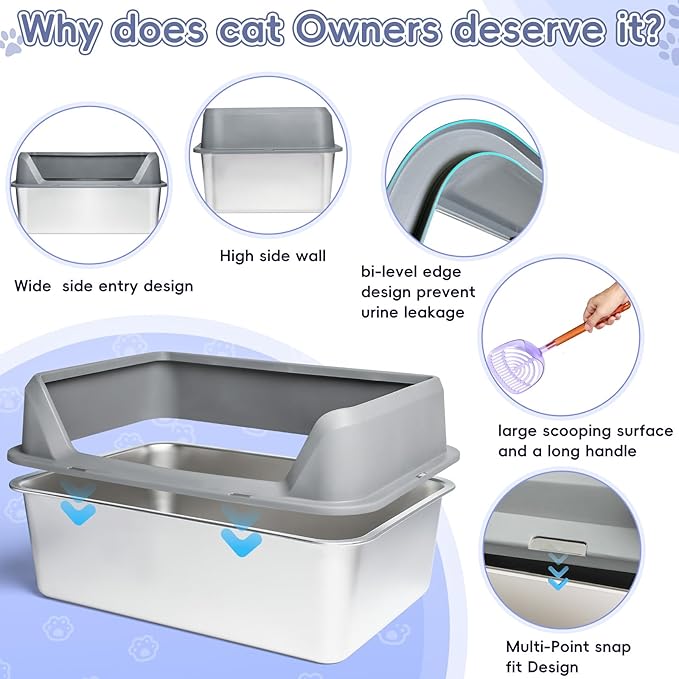 Stainless Steel Cat Litter Box with Lid,Large Litter Box with Side Entrance,Kitty Litter Pan High Sided,Anti-Urine Leakage,Easy to Clean,Included Scoop,Litter Mat&Fish Toys,Brush