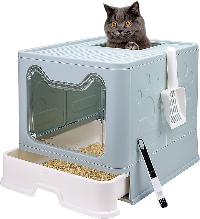 Foldable Cat Litter Box with Lid, Enclosed Cat Potty, Top Entry Anti-Splashing Cat Toilet, Easy to Clean Including Cat Litter Scoop and 2-1 Cleaning Brush (Blue) Large