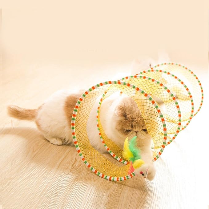 Cat Tunnel with Feather Portable Folding Elastic Mesh Spring Tunnels S Type Tunnel Cat Toy for Pet Supplies Accessories, Yellow