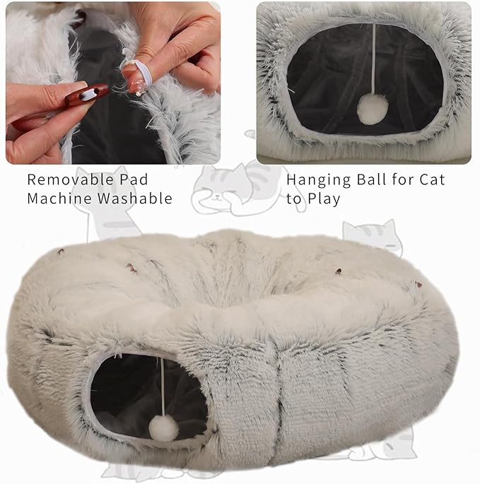 Warmer Plush Cat Play Tunnel Grey With Cat Bed For Indoor Cats Soft Plush Material Tubular Playground Toys Collapsible Multifunctional Cat Toys For Small Medium Large Cat Puppy Cat Play Tunnels (Grey)