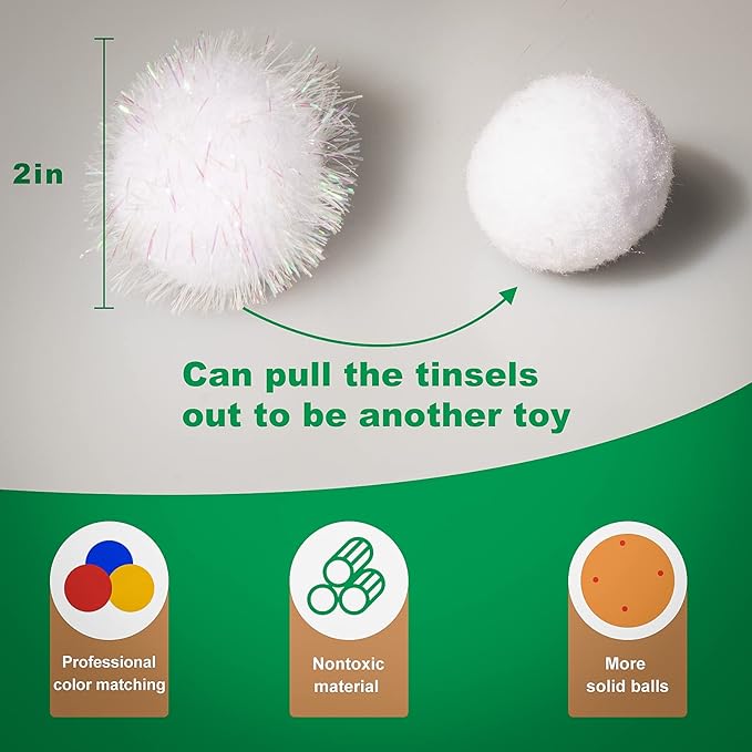 VAPKER 30 Pcs Cat Ball Toys Sparkle Balls Extra Large 2 Inch Cat's Favorite Chase Glitter Ball Glitter Tinsel Pom Poms Balls White Color