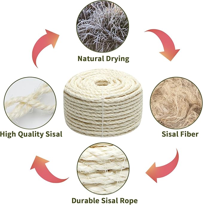 White Sisal Rope 1/4 Inch by 164-Feet for Cat Scratching Post Tree Tower Replacement Repair and Replace, DIY Hemp Twine for Kittens Shelves Furniture Window Bed Climbing Scratch Carpet, 6mm by 50m