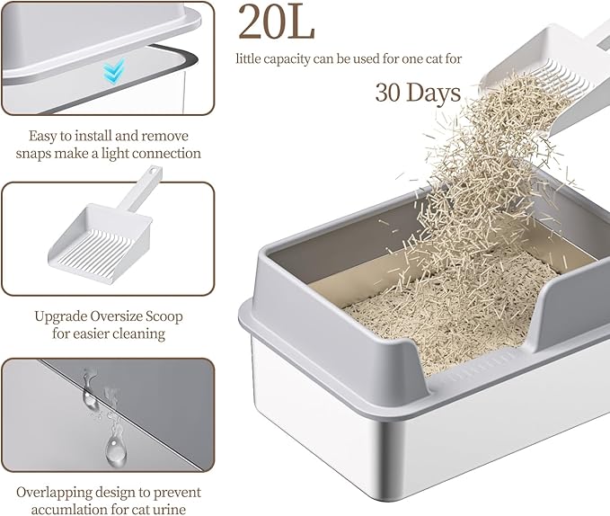 Stainless Steel Cat Litter Box with Lid,19.7”L x 13.8”W x 9.9”H Deep,Metal Litter Box with high Sides,with Litter Mat,Litter Scoop and Cat Toys,Non-Sticky,Anti-Leakage,No Smell,Easy Cleaning