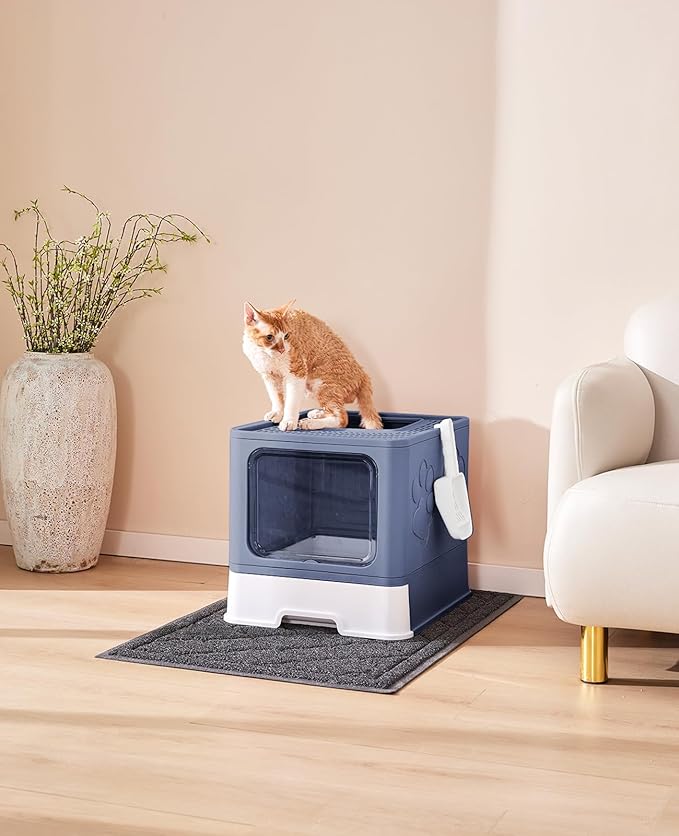 Cat Litter Box with X-Large Litter Mat and Scoop, Large Foldable Litter Box with Lid, Front Top Entry Exit Kitty Litter Box, Odor Control Easy Clean (Upgrade Midnight)