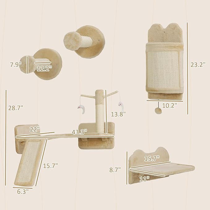 PawHut Cat Wall Shelves, 4PCs Corner Design Cat Wall Furniture with Scratching Post, Scratching Board, Perches, Cat Wands, Toy Ball, Cat Wall Climber for Indoor Cats Kittens, Beige