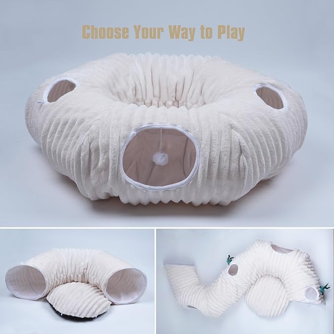 Cat Tunnel Bed,Cat Tunnel Bed with Soft Central Cat Couch,Cat Toys for Indoor Cats,Collapsible Peekaboo Cat Cave,Cat Donut Tunnel and Kitty Toy Set(White Stripe,Donut)
