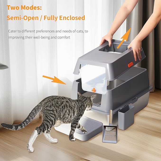 Stainless Steel Cat Litter Box: Extra Large Covered Metal Litter Box Non-Sticky and Anti-Urine Leakage - High Sided Enclosed Kitty Litterbox with Triple Pedal and Scoop for Jumbo Cats
