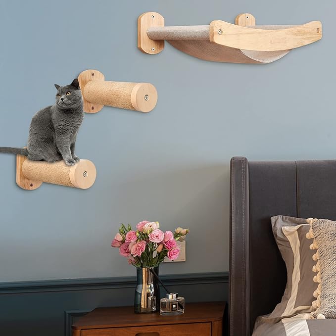 Cat Wall Hammock Set with 2 Cat Steps - Wall Mounted Cat Bed, Stylish Modern Cat Wall Furniture, Cat Wall Floating Shelves & Perches, Sturdy Kitty Hammock Beds for Climbing, Playing, Sleeping