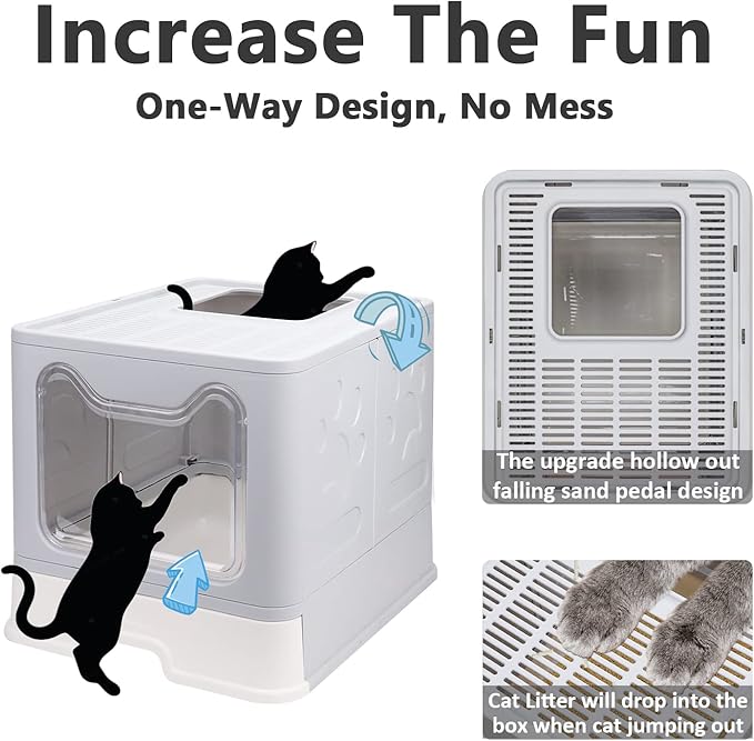 Foldable Cat Litter Box with Lid, Enclosed Cat Potty, Top Entry Anti-Splashing Cat Toilet, Easy to Clean Including Cat Litter Scoop and 2-1 Cleaning Brush (Grey) Large