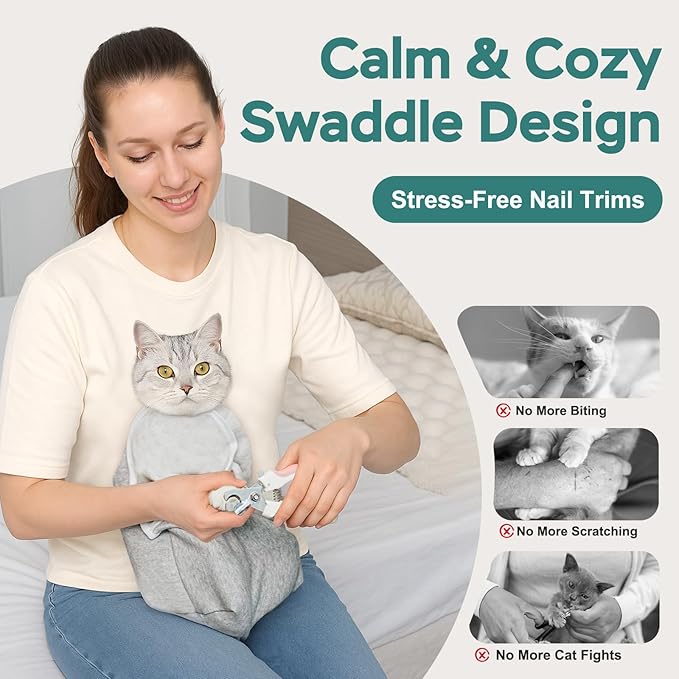 Self-Adhesive Cat Grooming Wrap, Cozy Cat Wrap for Cutting Nails, Breathable Anti-Scratch Cat Swaddle Bag for Brushing, Ear Cleaning, Medication, Injections,Grey L
