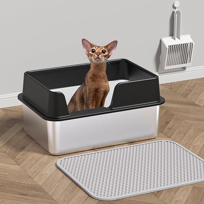 Stainless Steel Cat Litter Box with Lid,19.7”L x 13.8”W x 9.9”H Deep,Metal Litter Box with high Sides,with Litter Mat,Litter Scoop and Cat Toys,Non-Sticky,Anti-Leakage,No Smell,Easy Cleaning