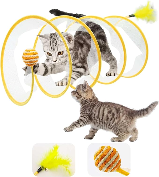 Cat Tunnel, 1PCS Folded Cat Tunnel Toy, Yellow Sisal Hemp Ball Tube Cat Springs for Indoor with Feather, Mouse Toys Interactive Cat Toy Tunnel Self-Happy Cat Toys, S-Type Collapsible Tent