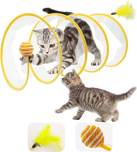 Cat Tunnel, 1PCS Folded Cat Tunnel Toy, Yellow Sisal Hemp Ball Tube Cat Springs for Indoor with Feather, Mouse Toys Interactive Cat Toy Tunnel Self-Happy Cat Toys, S-Type Collapsible Tent