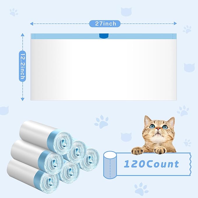120 Count Cat Litter Box Liners Bag Large, Jumbo Drawstring Extra Durable Pet Cat Pan Liners Extra-Thick Kitty Leakproof Design Cat Litter Bags for Automatic Cat Litter Box and Litter Robot