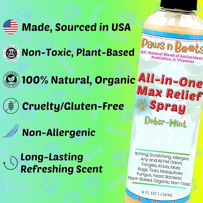 Dry Shampoo - All-in-One Max Relief Spray – Probiotic Antioxidant Rich Itch Relief, Remove Pet Odor, Repel, Clean, Condition. Pet Safe, USA Made. Non-Toxic, All-Natural Plant-Based Formula. Mint
