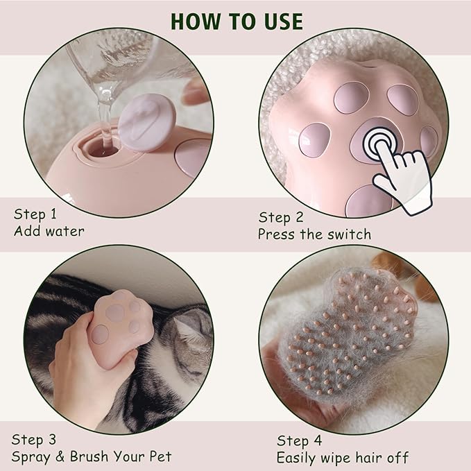 Cat Steam Brush, Cat Steam Brush for Shedding, 4 In1 Rechargeable Pet Hair Removal Tool for Cat, Dog, Self Cleaning & Grooming Brush for Long & Short Hair of Pets, Comfortable Skin-friendly (Pink)