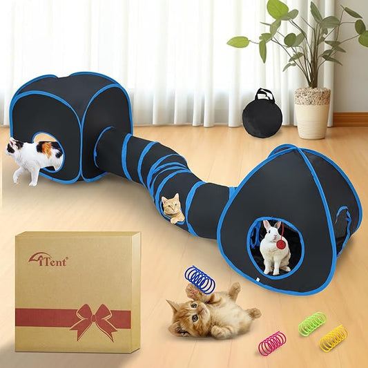 Cat Tunnels for Indoor Cats with Cube Tent Toys Combo, Pop Up Collapsible Crinkle Interactive Peek Hole, Cat Tube with Play Ball,Bell and Cat Spring Toys for Kitten, Puppy, Kitty, Rabbit - Set of 3