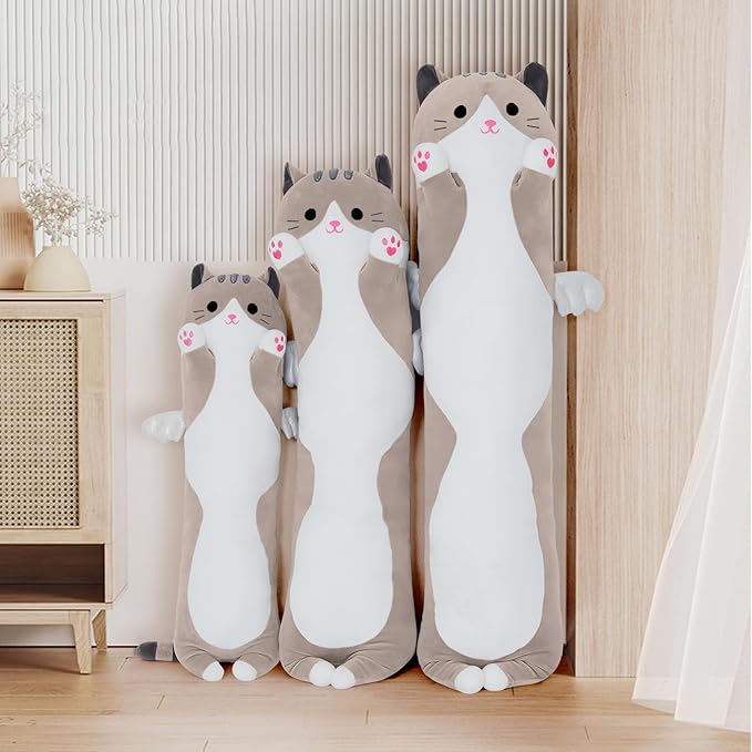 Long Plush Toy Cat Pillow Cute Plush Cat Toy Doll Stuffed Animal Cat Hugging Pillow for Sleeping Gift for Kids and Girls(Gray,50cm/19.6in)
