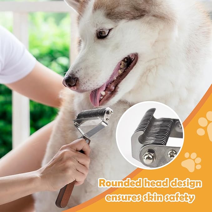 Pet Undercoat Rake for Long Haired Dogs Cats,2 in 1 Cat Safe Dematting Comb and Deshedding Brush Dog Grooming Tools with Wooden Handle Efficiently Remove Mats, Tangles, Loose Hair