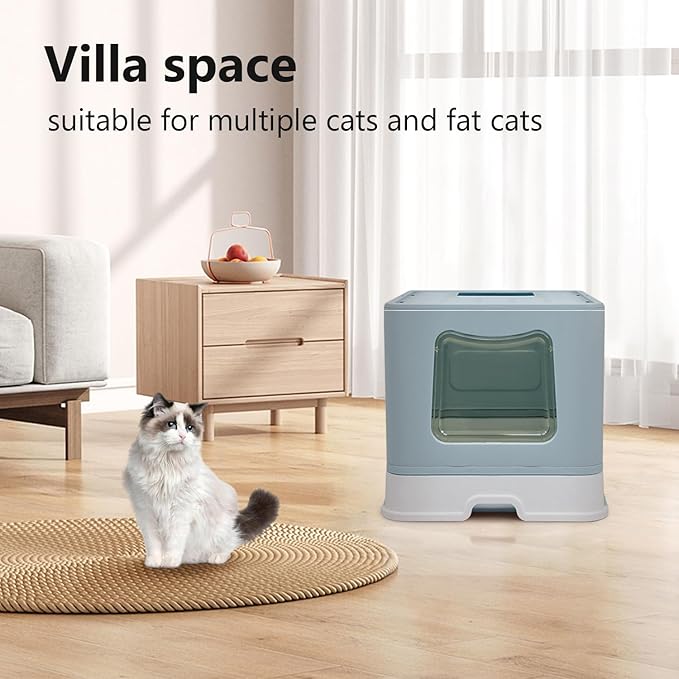 Foldable XL Cat Litter Box with Lid, Jumbo Enclosed Cat Potty, Top Entry Anti-Splashing Cat Toilet, Easy to Clean Including Cat Litter Scoop and 2-1 Cleaning Brush (Blue) Extra Large