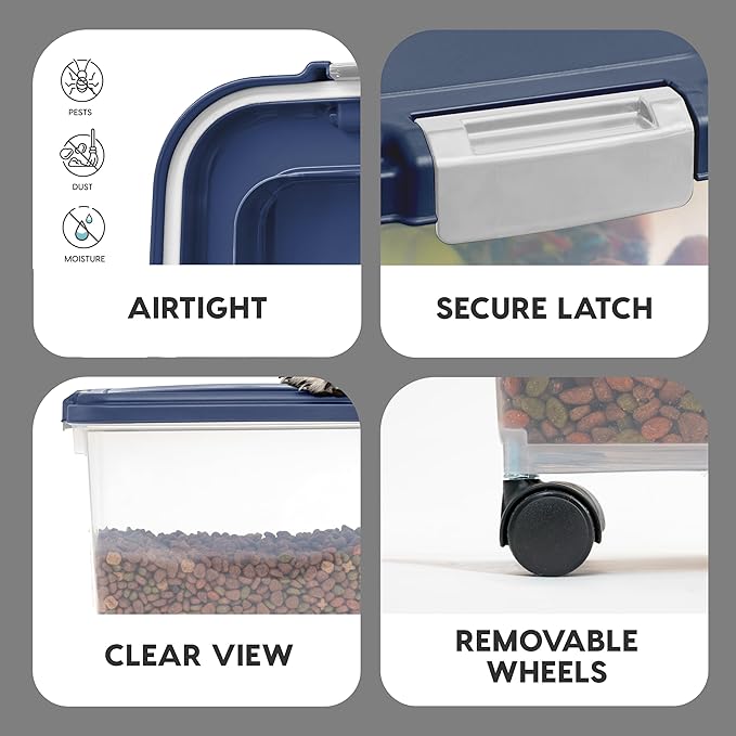 IRIS USA Airtight Dog Food Storage Container, Up to 38 lbs, Attachable Wheels, For Dog Cat Bird and Other Pet Food Storage Bin, Keep Fresh, Translucent Body, Easy Mobility, Navy