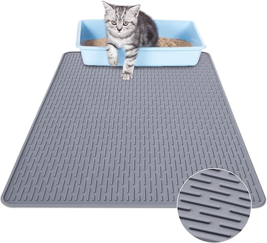 Rubber Cat Litter Mat, 34" x 22" Waterproof Urine Proof Cat Litter Trapping Mat, Easy Clean and Anti-Slip Kitty Litter Catcher Mat, Grey